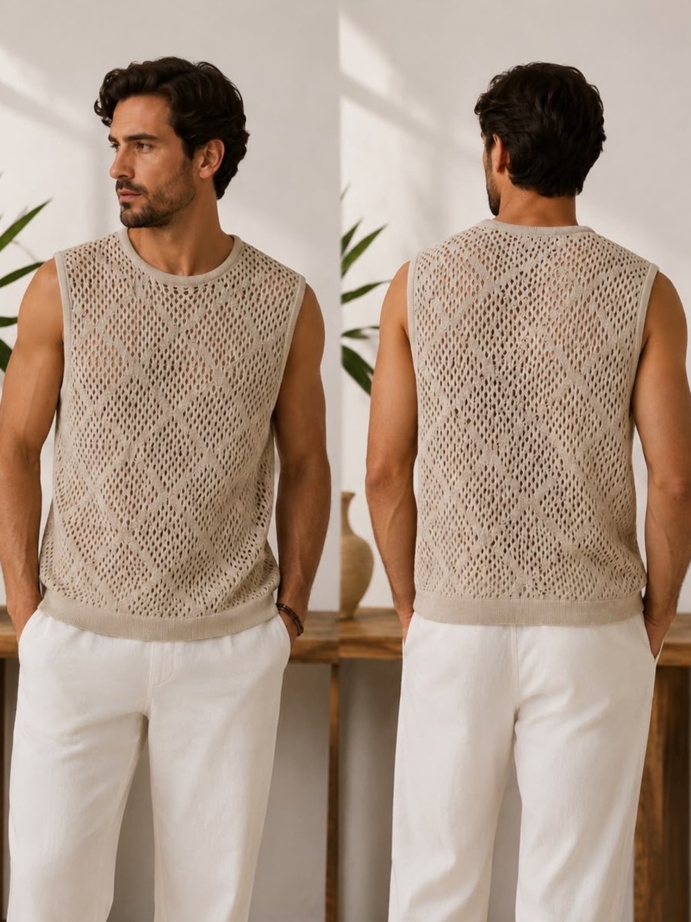 Men's Beige Open-Knit Crewneck Sleeveless Sweater Vest